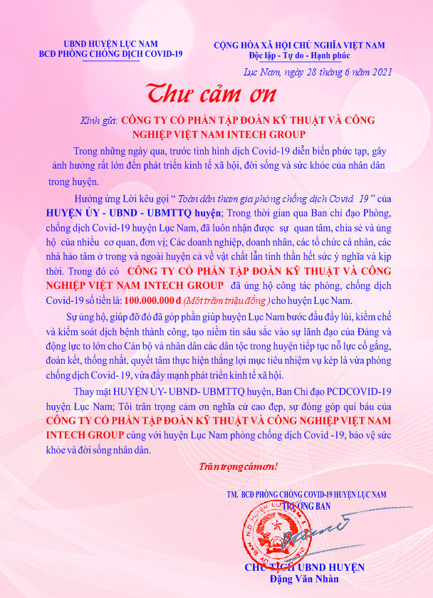 Intech Group hỗ trợ huyện Lục Nam phòng, chống dịch bệnh covid - 19.