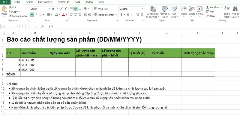Mẫu báo cáo chất lượng sản phẩm