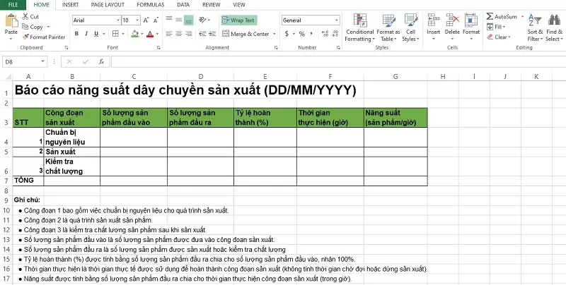 Mẫu báo cáo năng suất dây chuyền sản xuất bằng excel